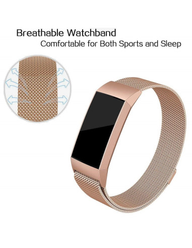 Fitbit Charge 4 armband i roséguld med flexibel Milanesisk loop-design, visad på handleden