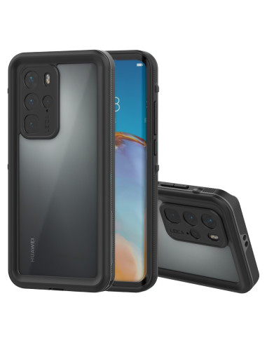 Huawei P40 Pro med heltäckande vattentätt skal i svart, visad från sidan och bakifrån