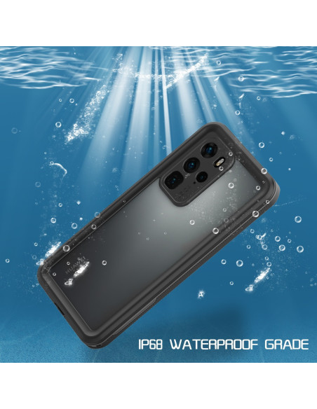Huawei P40 Pro med heltäckande vattentätt skal, visad under vatten med bubblor runt