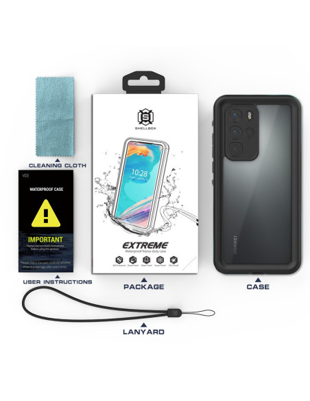 Huawei P40 Pro med heltäckande vattentätt skal, visad med förpackning och tillbehör