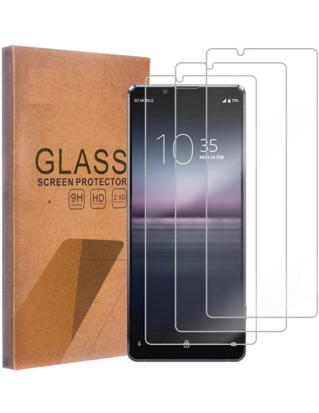 Transparent härdat glas för Xperia 1 II, monterat på telefon med förpackning i bakgrunden