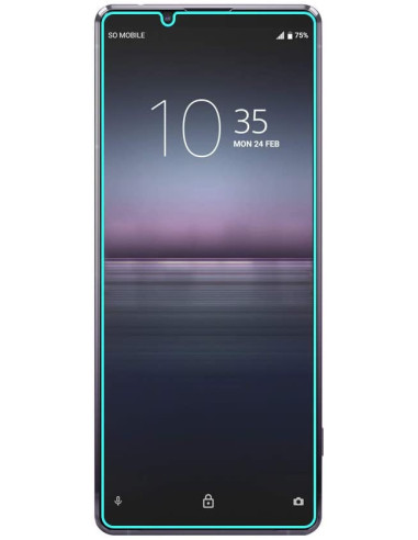 Xperia 1 II med härdat glas, visat framifrån med skärmen tänd