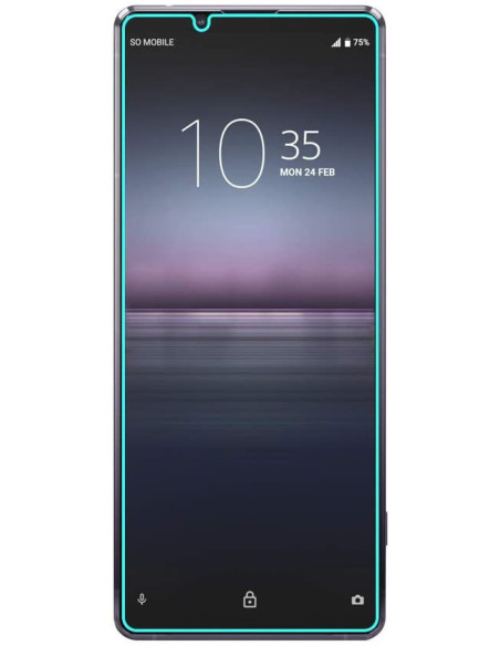 Xperia 1 II med härdat glas, visat framifrån med skärmen tänd