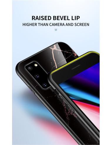Närbild av Samsung A41 marmorskal med upphöjd kant för extra skydd av kamera och skärm