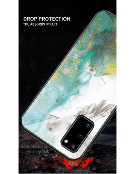 Närbild av Samsung A41 marmorskal med färgglad design och detaljerad mönstring