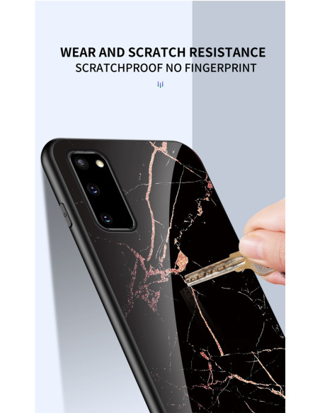 Närbild av Samsung A41 marmorskal med fokus på repbeständig yta och elegant mönster