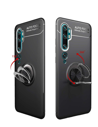 Svart stöttåligt skal för Xiaomi Mi 10 Pro med ringhållare, visat från baksidan med ringens rörelse