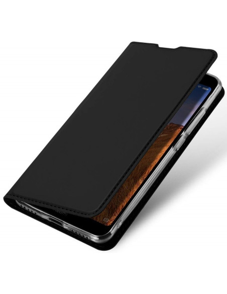 Xiaomi Mi 10 flipfodral i svart konstläder, stängt med mobil synlig inuti