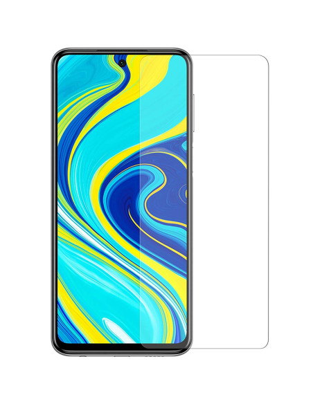Transparent härdat glas monterat på en Xiaomi Redmi Note 9 med färgglad bakgrund