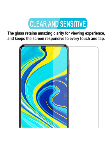 Framifrån vy av transparent härdat glas för Xiaomi Redmi Note 9 med färgglad bakgrund