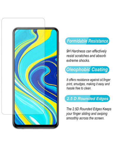 Detaljvy av härdat glas för Xiaomi Redmi Note 9 med rundade kanter och färgglad bakgrund