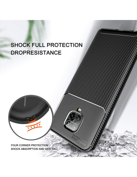 Detaljvy av Redmi Note 9S & 9 Pro skal som visar upphöjda hörn och karbonfiberstruktur