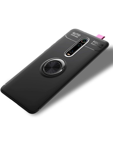 Svart stöttåligt skal med ringhållare för Xiaomi Mi 9T / 9T Pro, visat framifrån med ringhållaren i fokus