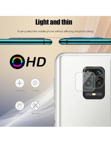 Detaljvy av linsskydd i transparent härdat glas med fokus på kameran på Xiaomi Redmi Note 9S/9 PRO