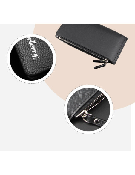 Detaljvy av dragkedjan och materialet på plånboken i syntetiskt skinn