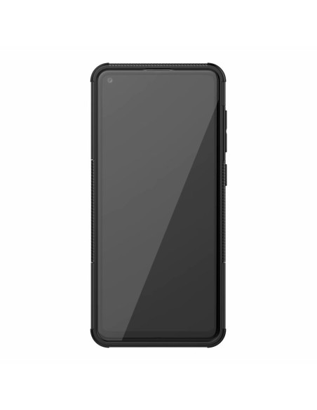 Framifrån vy av svart stöttåligt skal för Samsung A21s med skyddande kanter