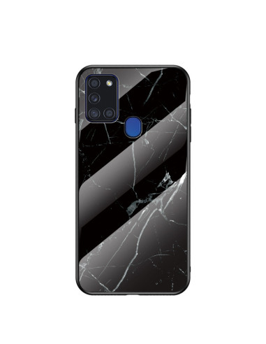 Samsung A21s marmorskal med svart marmorutseende, sett bakifrån