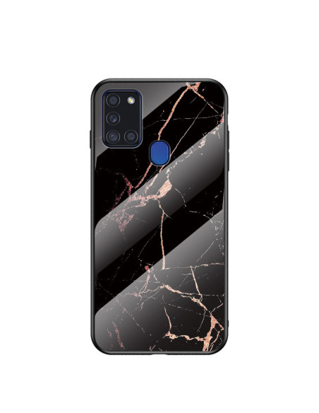 Samsung A21s marmorskal med svart och rosa marmorutseende, sett snett framifrån