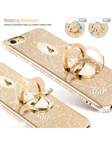 Närbild av det glittrande skalet med ringhållare för iPhone 7, 8 och SE, sett från sidan