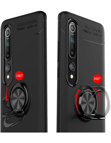 Svart stöttåligt skal för Xiaomi Mi 10 med ringhållare, visat från sidan med ringhållaren i fokus