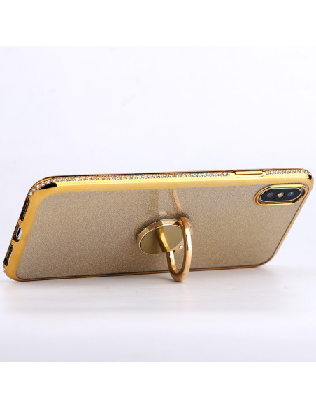 Svart iPhone XR skal med ringhållare och glittrande strass, sedd bakifrån