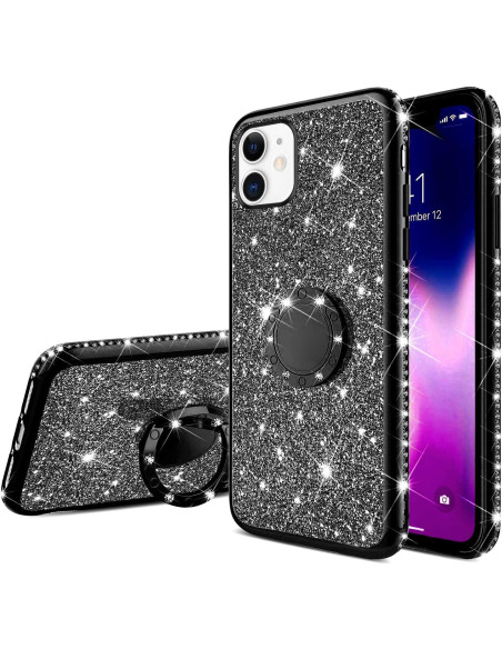 Stötdämpande skal för iPhone 11 i rosenguld med ringhållare och glittrande strass, sett från sidan