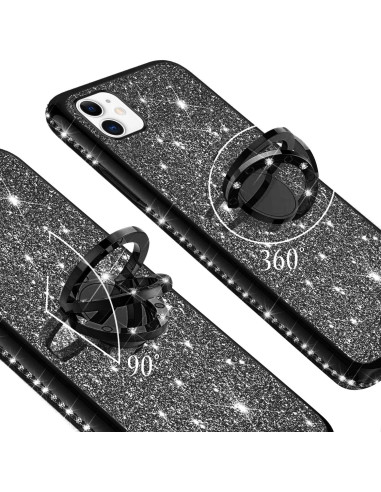 Stötdämpande skal för iPhone 11 i svart med ringhållare, visat från sidan med glittrande yta
