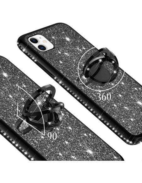 Stötdämpande skal för iPhone 11 i svart med ringhållare, visat från sidan med glittrande yta