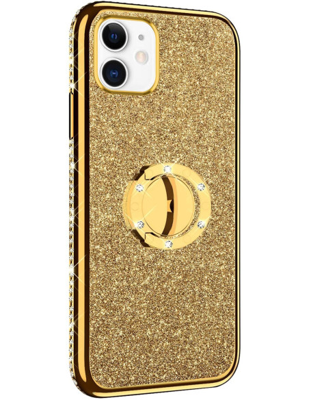 Stötdämpande skal för iPhone 11 i rosenguld med ringhållare, sedd framifrån med glittrande yta