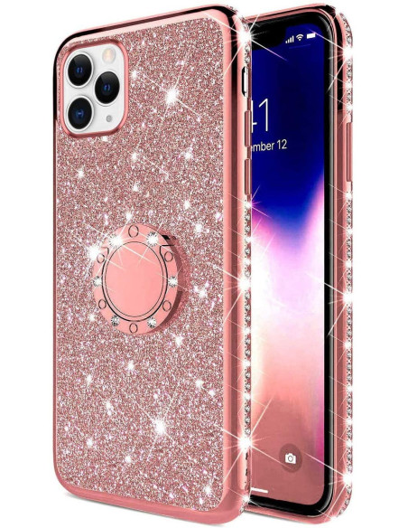 Svart iPhone 11 Pro skal med ringhållare och strass, visat i detalj från sidan med glittrande yta