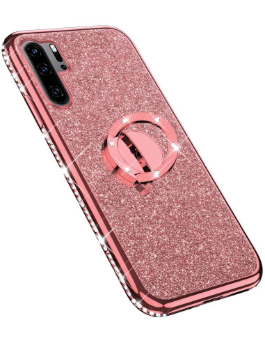 Stötdämpande skal i rosa med strass och ringhållare för Huawei P30 Lite, sett från sidan