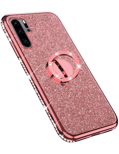 Stötdämpande skal i rosa med strass och ringhållare för Huawei P30 Lite, sett från sidan