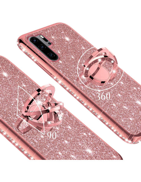 Närbild av rosa stötdämpande skal med ringhållare och strass för Huawei P30 Lite, visat från sidan