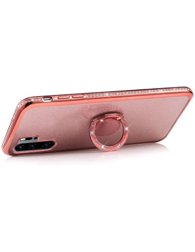 Baksidan av ett rosa stötdämpande skal med ringhållare och strass för Huawei P30 Lite