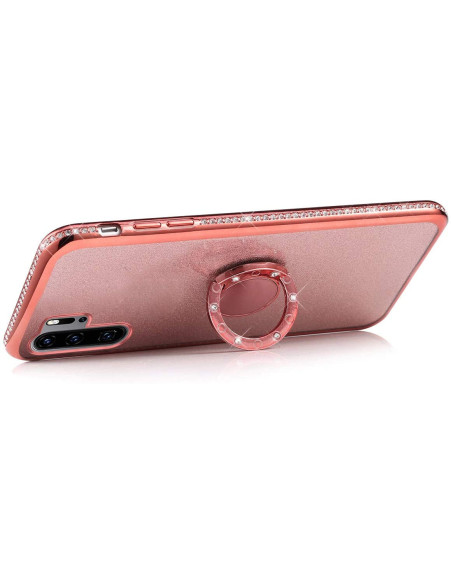 Baksidan av ett rosa stötdämpande skal med ringhållare och strass för Huawei P30 Lite