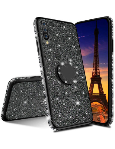 Svart stötdämpande skal med ringhållare och strass för Huawei P30 Lite, visat från sidan med telefonen monterad