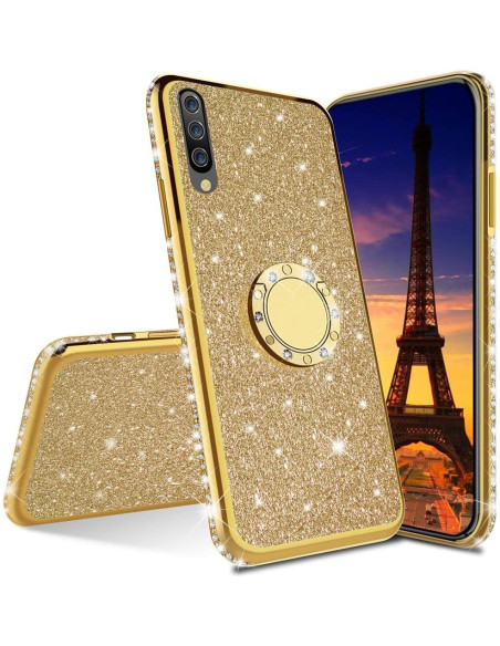 Guldigt stötdämpande skal med ringhållare och strass för Huawei P30 Lite, sett framifrån
