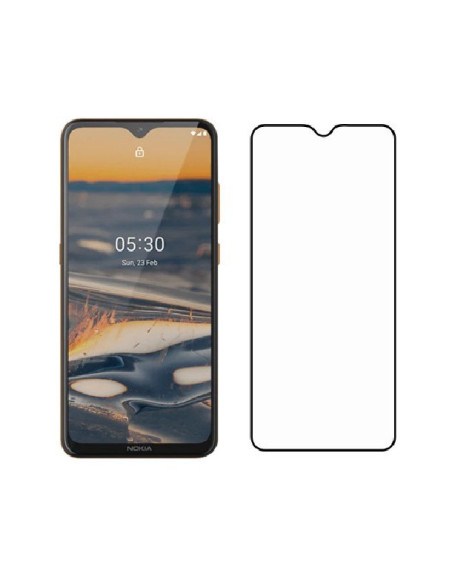 Framifrån vy av härdat glas för Nokia 5.3, med skärmskyddets form tydligt synlig