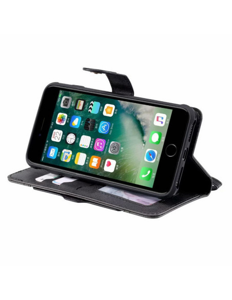 Svart iPhone 8 Plus fodral med öppet lock, monterat på telefon och visande kortfacken