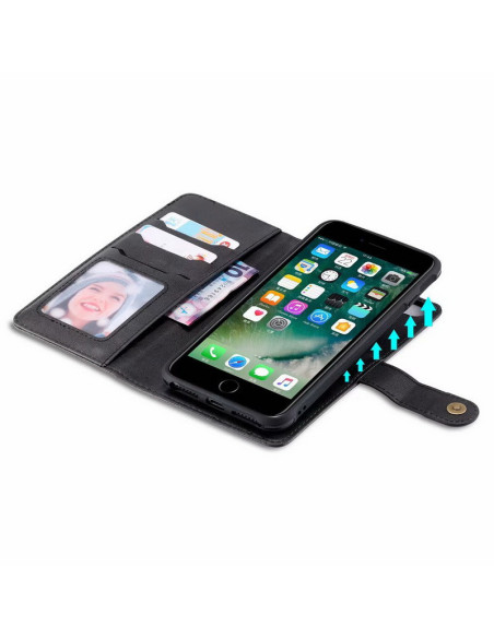 Svart iPhone 8 Plus fodral med öppet lock som visar kortfacken och telefonens skärm