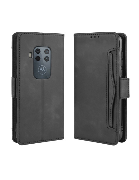 Motorola One Zoom plånboksfodral i svart PU-läder med stängt lock och kortfack på sidan