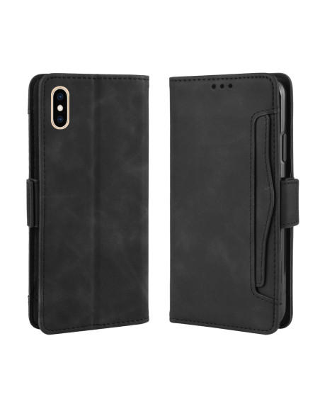 Svart plånboksfodral för iPhone XS Max med stängning och kortfack, sett framifrån och bakifrån