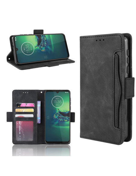 Svart plånboksfodral i PU-läder för Motorola Moto G8 Plus, öppet med kortfack och telefon monterad