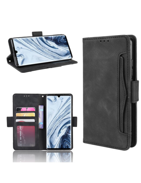 Svart plånboksfodral i PU-läder för Xiaomi Mi Note 10 med sex fack, öppet och monterat på telefon