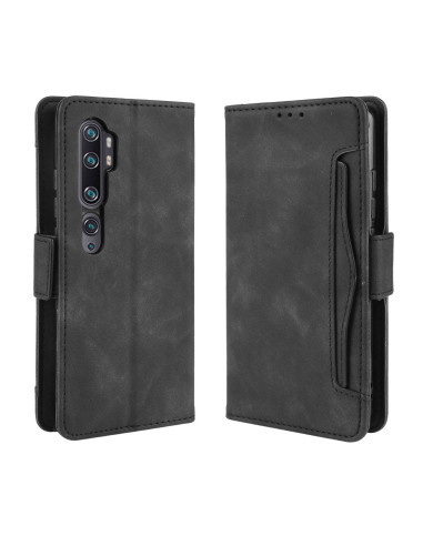 Svart plånboksfodral i PU-läder för Xiaomi Mi Note 10, stängt med synliga fack och detaljer