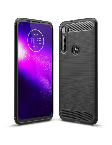 Motorola Moto G8 Power skal i SlimCarbon med gummibelagd yta, sett från sidan och baksidan