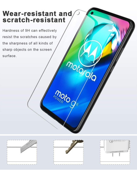 Motorola Moto G8 Power med härdat glas monterat, tydlig vy av skärmen och logotypen