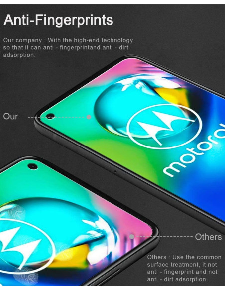 Närbild av Motorola Moto G8 Power med härdat glas, tydlig vy av skärmen och logotypen