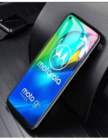 Motorola Moto G8 Power med härdat glas, visad framifrån med färgglad skärm
