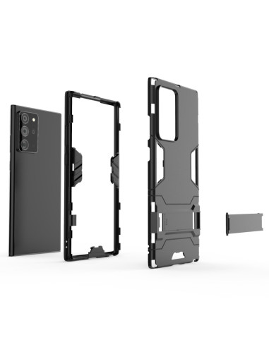 Samsung Note 20 Ultra skal i svart, visat i tre delar med kickstand och telefon i bakgrunden